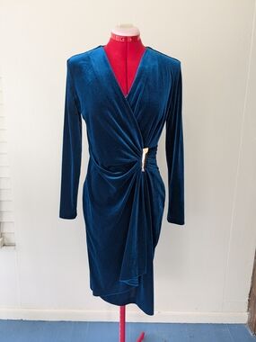 Peacock Blue Velvet Wrap Dress with Side Drape